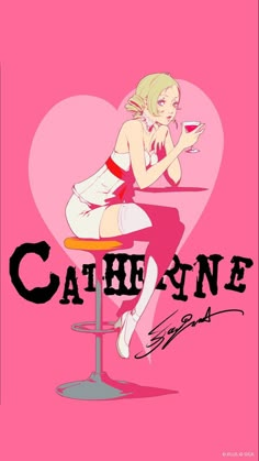 a woman sitting on top of a stool in front of a pink background with the words cafe nine