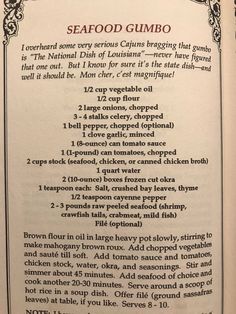 an open book with instructions for seafood gumbo