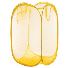 two yellow mesh bags with handles on white background