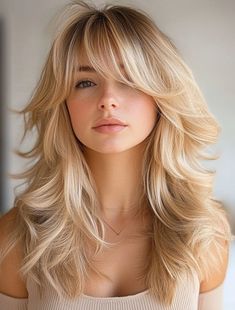 Layered Haircuts With Fringe, Blonde With Highlights And Lowlights, Hair Curtain Bangs And Layers, Blonde Shag Haircut, Platinum Blonde Bangs, Blonde Hair Curtain Bangs, Haircuts With Fringe, Blonde Hair Cuts Medium, Bangs Makeup