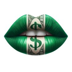 a dollar bill sticking out of the lip of a woman's mouth with green lipstick