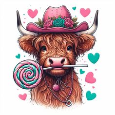 a drawing of a cow wearing a cowboy hat and holding a lollipop in its mouth