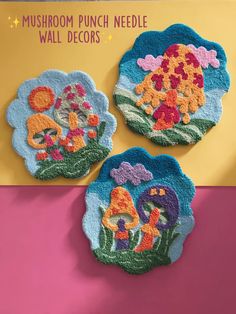 three crocheted plates with flowers on them and the words mushroom punch needle wall decor