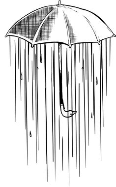 black and white drawing of an open umbrella with rain drops on the outside, viewed from above