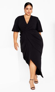 Fall head over heels for the Braelynn Maxi Dress! A style you'll reach for over and over again, this dress flaunts a charming tulip skirt, short flutter sleeves and front draping detail that will dial up your silhouette! Key Features Include: - V-neckline - Short flutter sleeves - Front draping detail - Tulip skirt - Back zip and hook closure - Lined - Maxi length Coordinate with gem-detailed accessories for fabulous glam. | Plus Size Braelynn Maxi Dress in Black, Size 24 | City Chic Dresses For Apple Shape, Plus Size Wedding Guest Dresses, Maxi Design, Plus Size Cocktail Dresses, Fall Wedding Guest Dress, Tulip Skirt, Plus Size Formal Dresses, Maxi Bridesmaid Dresses, Plain Dress