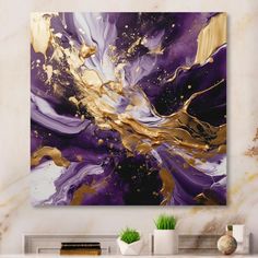 an abstract painting in purple and gold on a white wall above a fireplace mantel