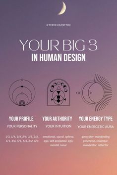 Have you heard of the big 3 in Human Design: Human Design profile, authority and energy type? This can also be summed up into your personality, your intuition and your energetic aura.  Click here to learn more and find out if you are a Projector, Reflector, Generator or Manifesting Generator in Human Design reading. Human Design Profile, Ra Uru Hu, Energy Types, Manifesting Generator, Human Design Chart, What Is Human, Human Design System, I Ching, Spiritual Tools