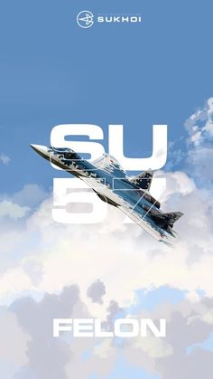 an airplane flying in the sky with clouds behind it and su 6 logo on top