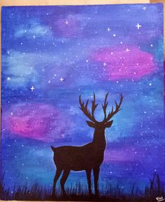 an acrylic painting of a deer with stars in the night sky above it