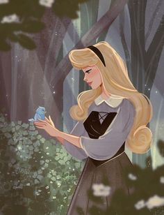 a painting of a blonde haired girl holding a blue bird in her hand and looking at it