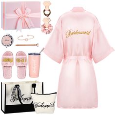 the bridesmaid gift set includes pink robes and accessories