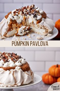 pumpkin pavlova with whipped cream and pecans on top