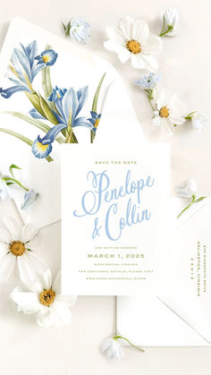 Introducing Penelope, a suite full of life through color, typography, and botanical illustration. Featuring a bright color palette of azure blue and chartreuse, an on-trend wavy edge invitation, and playful script lettering balanced by a sleek secondary typeface. Complete with color envelopes, a tri fold weekend details insert, and finished with a prosecco wax seal. Formal Wedding Save The Date, Painted Save The Date, Square Save The Date, Coastal Save The Date, Eclectic Wedding Invitations, Classic Save The Date