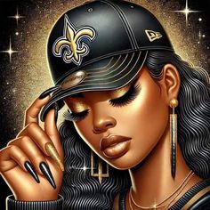 a painting of a woman wearing a new orleans saints baseball cap and gold glitter nails