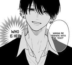 an anime character with black hair and piercings, wearing a white collared shirt