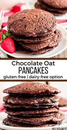 chocolate oat pancakes stacked on top of each other