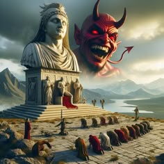 an image of a demon and some people in front of a statue on a hill