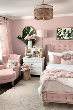 a bedroom with pink walls and furniture