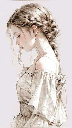 a drawing of a girl with braids in her hair, wearing a white dress