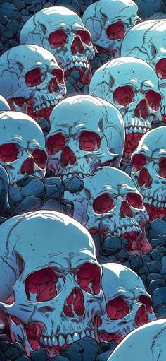 a bunch of skulls with red eyes are in the middle of a pile of rocks