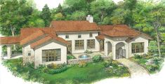 this is an artist's rendering of the front elevation of these mediterranean style home plans