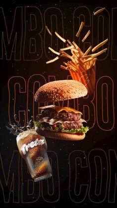 a poster advertising a burger and fries with a glass of soda in front of it