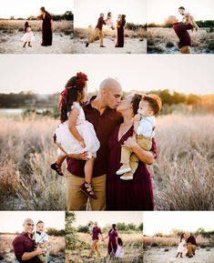 a man and woman are kissing while holding their baby in the middle of an open field