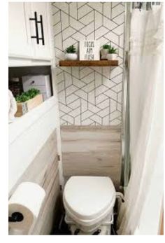 a white toilet sitting in a bathroom next to a wooden shelf with succulents on it