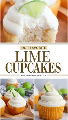 lime cupcakes with white frosting and lime slices on top are shown in three different pictures