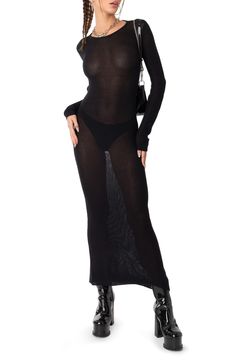 An open-back design adds drama to this long-sleeve maxi dress rendered in a semitransparent knit. Jewel neck Long sleeves 100% acrylic Machine wash, tumble dry Imported Sheer Long Sleeve Bodycon Maxi Dress, Sheer Stretch Full-length Maxi Dress, Sheer Stretch Long Maxi Dress, Sheer Long Sleeve Maxi Dress For Night Out, Black Sheer Long Sleeve Maxi Dress, Black Sheer Long Maxi Dress, Long Black Dress Outfit, Long Sleeve Knit Maxi Dress, Knit Dress Long Sleeve