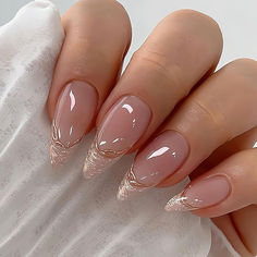 French Press on Nails Medium Almond Fake Nails, Glitter Gold Line Edge Nude Gel Acrylic Nails with Glue, Shiny Glossy False Nails Kits Spring Summer Nail Accessories Decorations 24 Pcs. Shiny Nude Nails, French Tip Nails With Gold Line, Nude Glossy Nails, Gold And Nude Nails, Gold Nails Almond, Almond Wedding Nails, Nails Kits, Nude Nails With Glitter, Nails Medium Almond