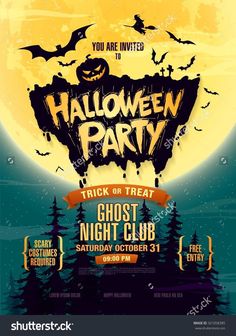 halloween party flyer template with bats and pumpkins on the full moon night sky background