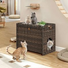 two cats sitting on top of a wicker trunk in a living room next to a cat bed