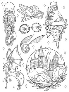 harry potter coloring page with hogwarts, glasses and other items