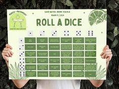 a person holding up a roll a dice board in front of their face with the words roll a dice written on it