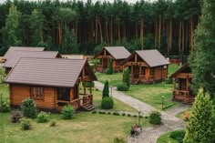 small wooden cabins in the middle of a grassy area surrounded by trees and bushes, with walkway leading to them