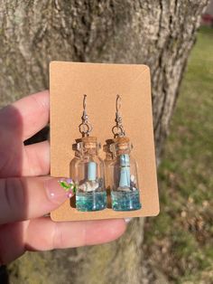 Novelty message in a bottle earrings for fun! Potion Bottle Earrings, Vial Earrings, Novelty Hypoallergenic Resin Earrings, Small Bottle Necklace, Bleach Bottle, Mini Glass Bottle Necklace, Earring Inspo, Bottle Earrings, Resin Craft