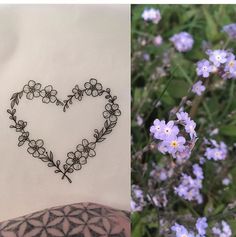 two pictures one with flowers and the other with tattoos on it's arm, both showing