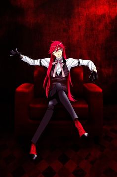 an anime character sitting on a red chair with her arms spread out and hands in the air