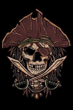 a skull wearing a pirate hat with two swords