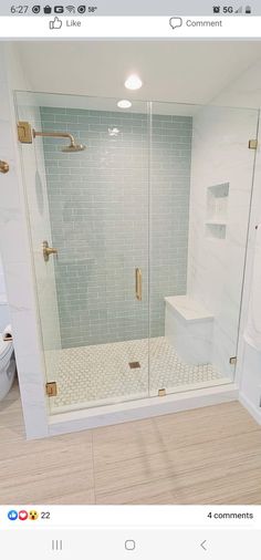 a bathroom with a walk in shower next to a white toilet and wooden flooring