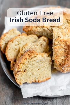 gluten - free irish soda bread on a plate with the text overlay