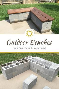 an outdoor bench made from cinder blocks and wood with text overlay that reads, outdoor benches made from cinder blocks and wood