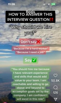 an image of a phone screen with the text, how to answer this interview question? why should we hire your?