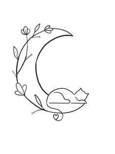 a black and white drawing of a cat sleeping on the moon with leaves around it