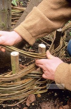 two people are working on some kind of fence with sticks and branches attached to it