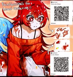 an anime character with blood on her face and red hair, sitting in front of a qr code