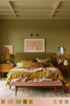 a bedroom with green walls, yellow bedding and white carpeted area rugs