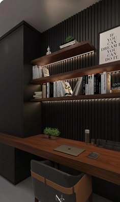 an office with black walls and wooden shelves