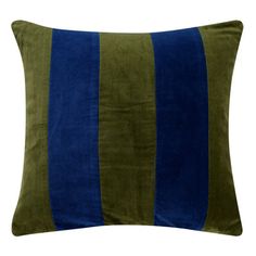 a green and blue striped pillow on a white background